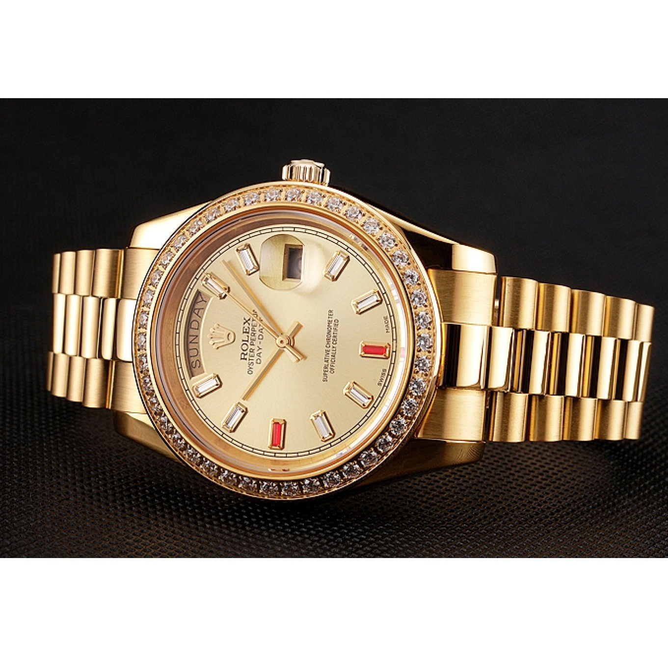 MiroTime 0801 Swiss Rolex Day-Date Diamonds And Rubies Champagne Dial Gold Bracelet 1454100